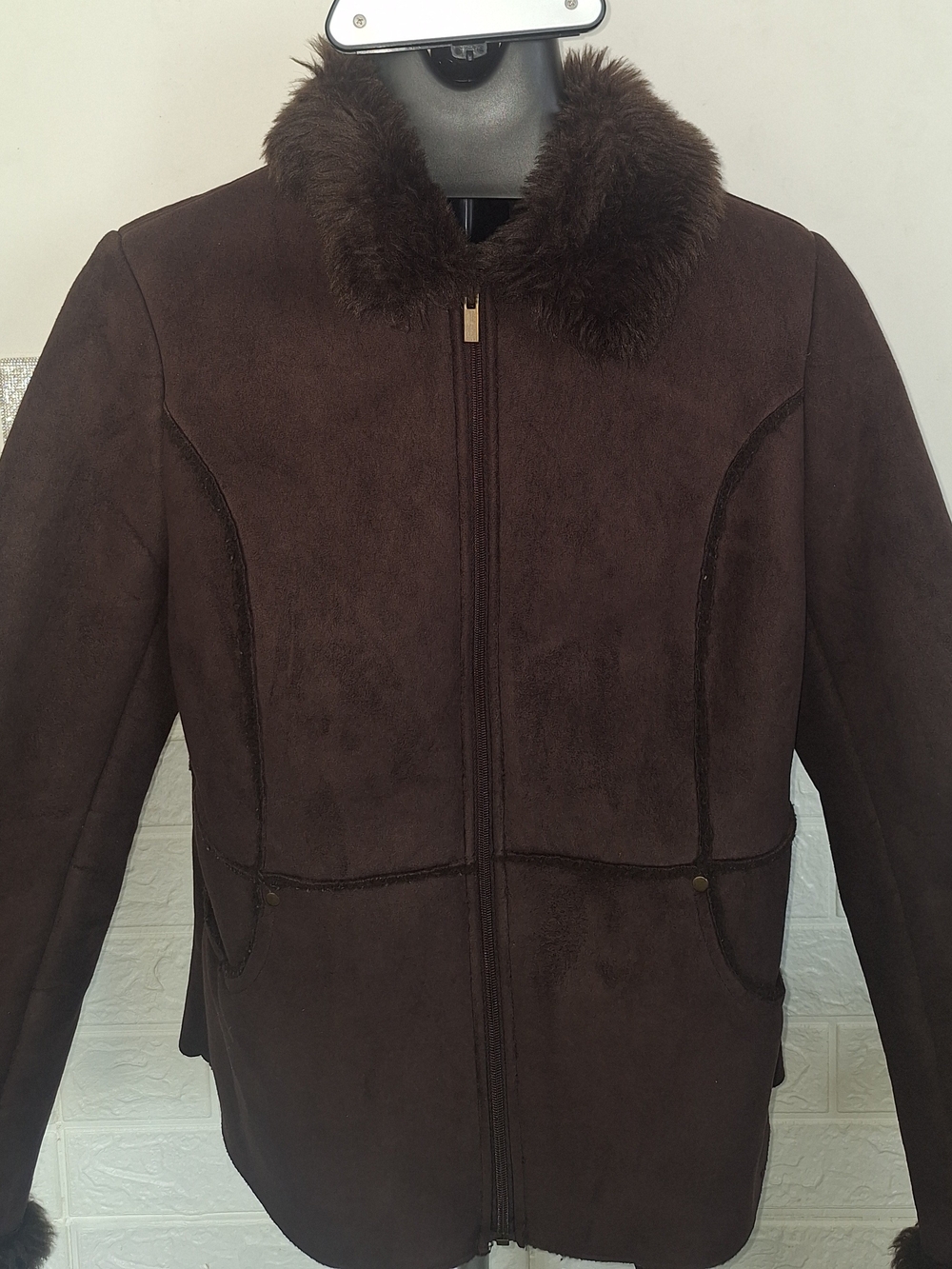 Style & Co. Dark Brown Faux Suede Jacket with Faux Fur Collar